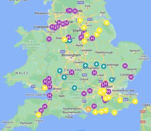 A coloured image of the England map with pinpointed Elysium site locations